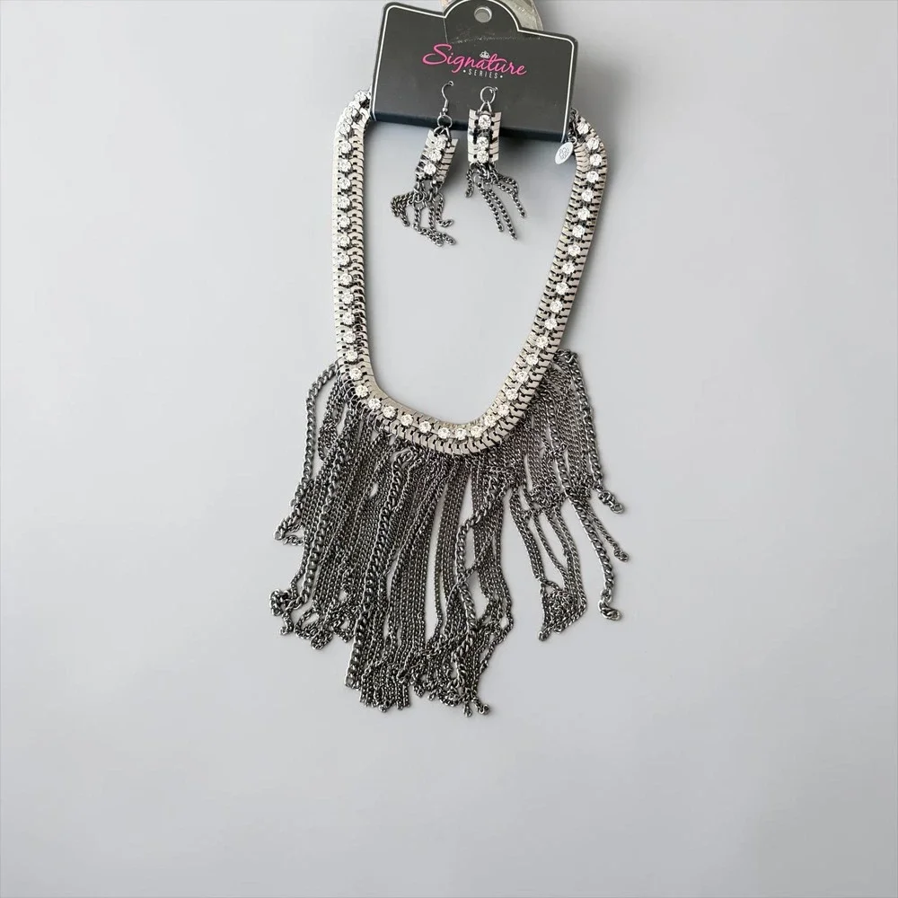 Paparazzi Signature Series The Alex Gunmetal Rhinestone Fringe Necklace Z2002